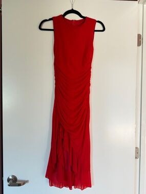 Red Ruched Sleeveless Midi Dress